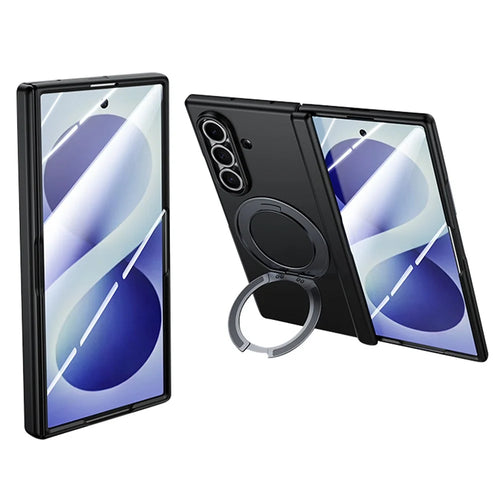 For Samsung Galaxy Z Fold8 Ultra Case Magnetic Rotating Kickstand Hard PC Phone Cover with HD Clear Tempered Glass Film - Black - 1