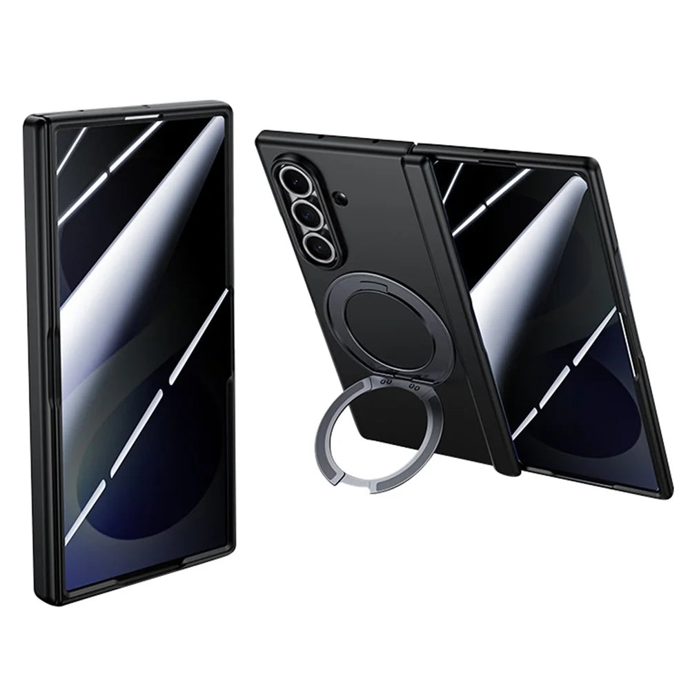 For Samsung Galaxy Z Fold8 Ultra Case Magnetic Rotating Kickstand Skin-touch PC Phone Cover with Privacy Tempered Glass Film - Black - 1