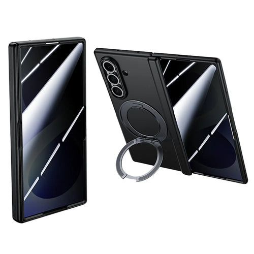 For Samsung Galaxy Z Fold8 Ultra Case Magnetic Rotating Kickstand Skin-touch PC Phone Cover with Privacy Tempered Glass Film - Black - 1