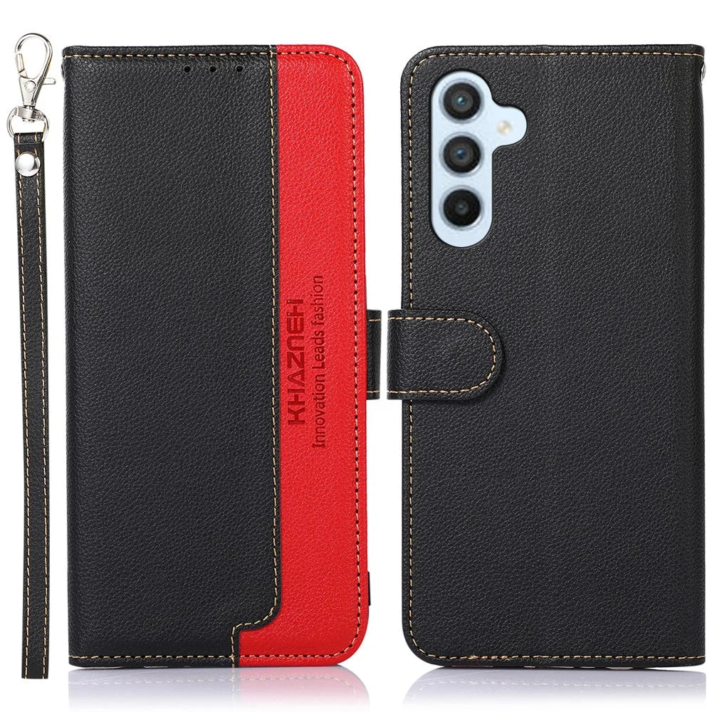 KHAZNEH Litchi Texture Phone Case For Samsung Galaxy A34 5G, PU Leather + TPU RFID Blocking Drop-proof Cell Phone Cover with Stand Wallet - Black - 1