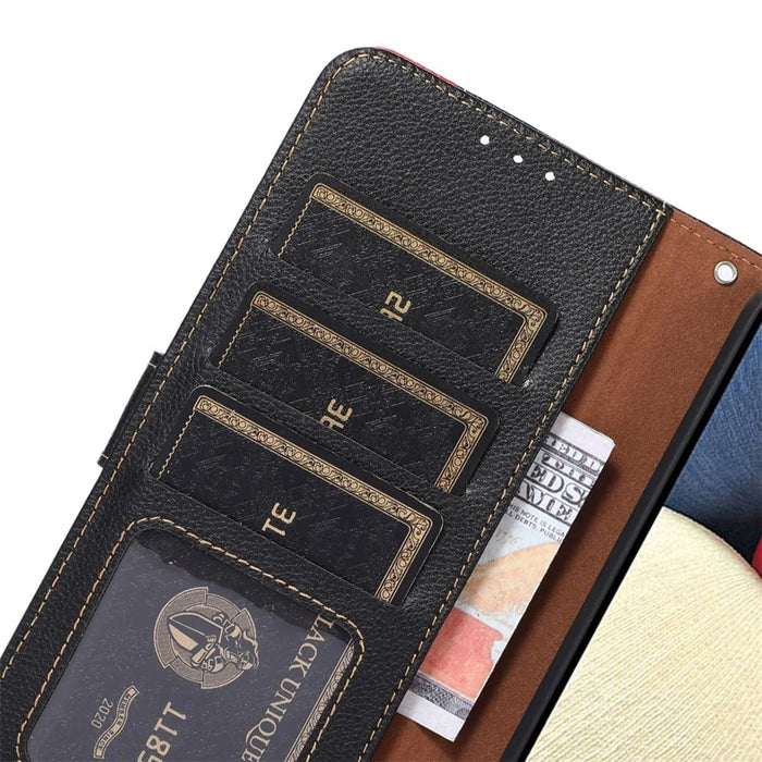 KHAZNEH Litchi Texture Phone Case For Samsung Galaxy A34 5G, PU Leather + TPU RFID Blocking Drop-proof Cell Phone Cover with Stand Wallet - Black - 5