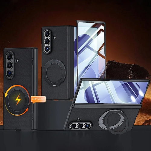 For Samsung Galaxy Z Fold8 Ultra Case with HD Screen Protector Magnetic Rotating Kickstand Tech Fabric + PC Phone Cover - Black - 1