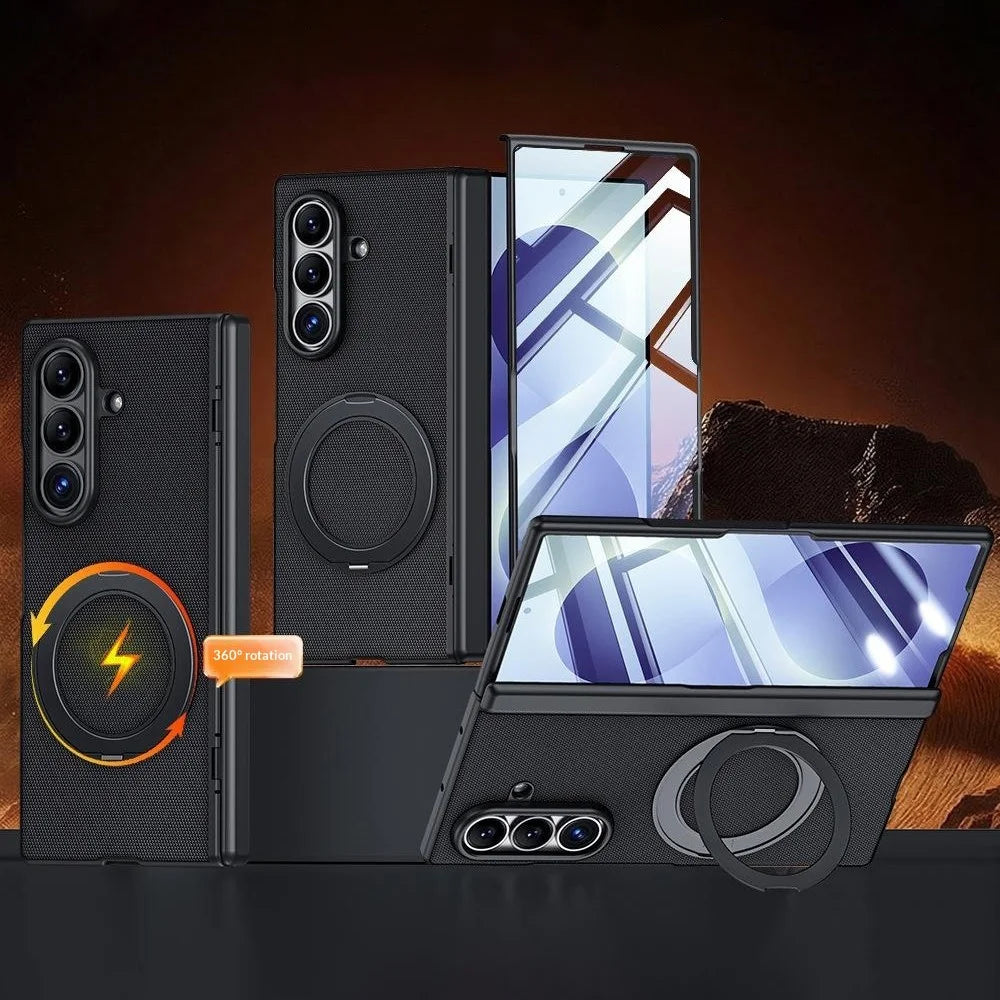 For Samsung Galaxy Z Fold8 Ultra Case with HD Screen Protector Magnetic Rotating Kickstand Tech Fabric + PC Phone Cover - Black - 1