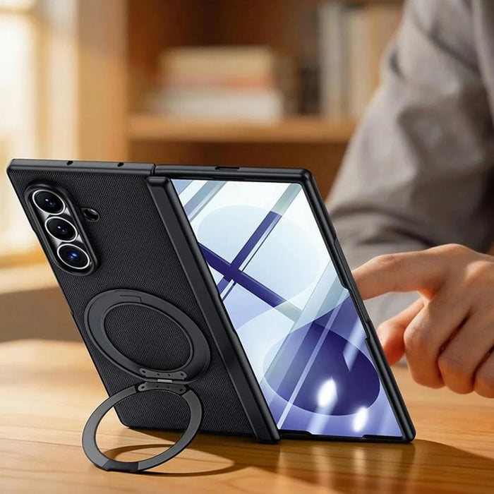 For Samsung Galaxy Z Fold8 Ultra Case with HD Screen Protector Magnetic Rotating Kickstand Tech Fabric + PC Phone Cover - Black - 2