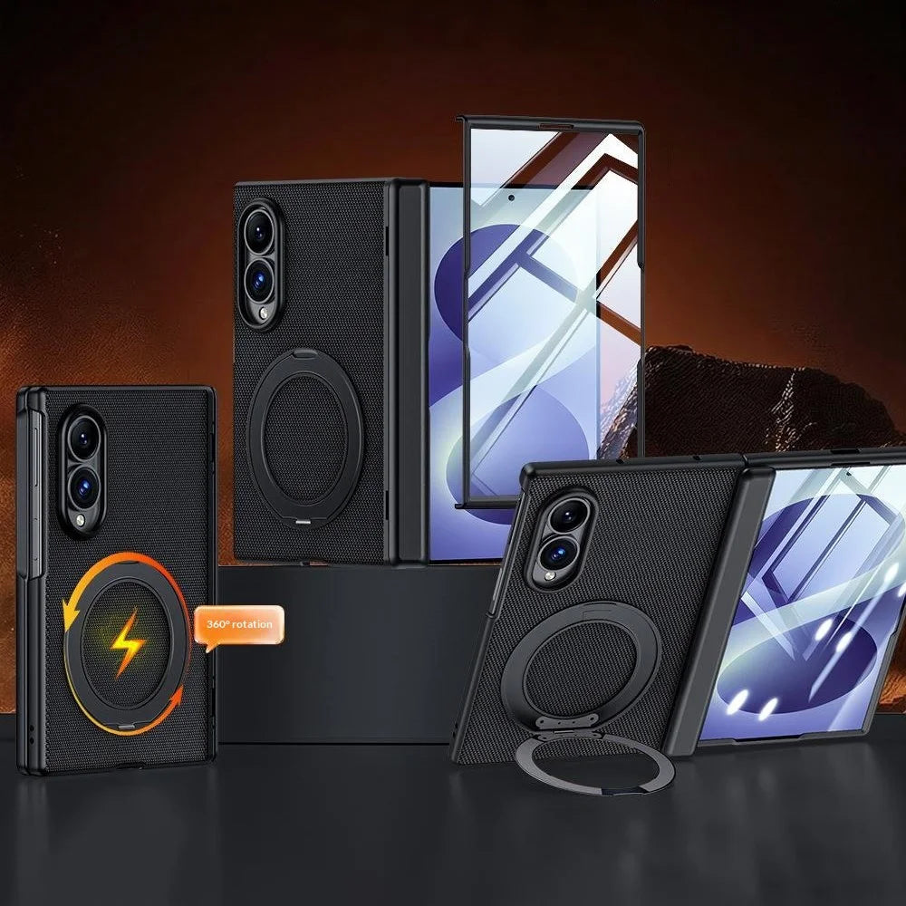 For Samsung Galaxy Z Fold8 Case with HD Screen Protector Magnetic Rotating Kickstand Tech Fabric + PC Phone Cover - Black - 1