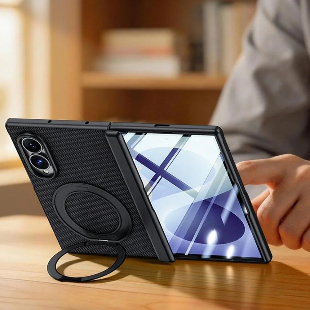For Samsung Galaxy Z Fold8 Case with HD Screen Protector Magnetic Rotating Kickstand Tech Fabric + PC Phone Cover - Black - 2