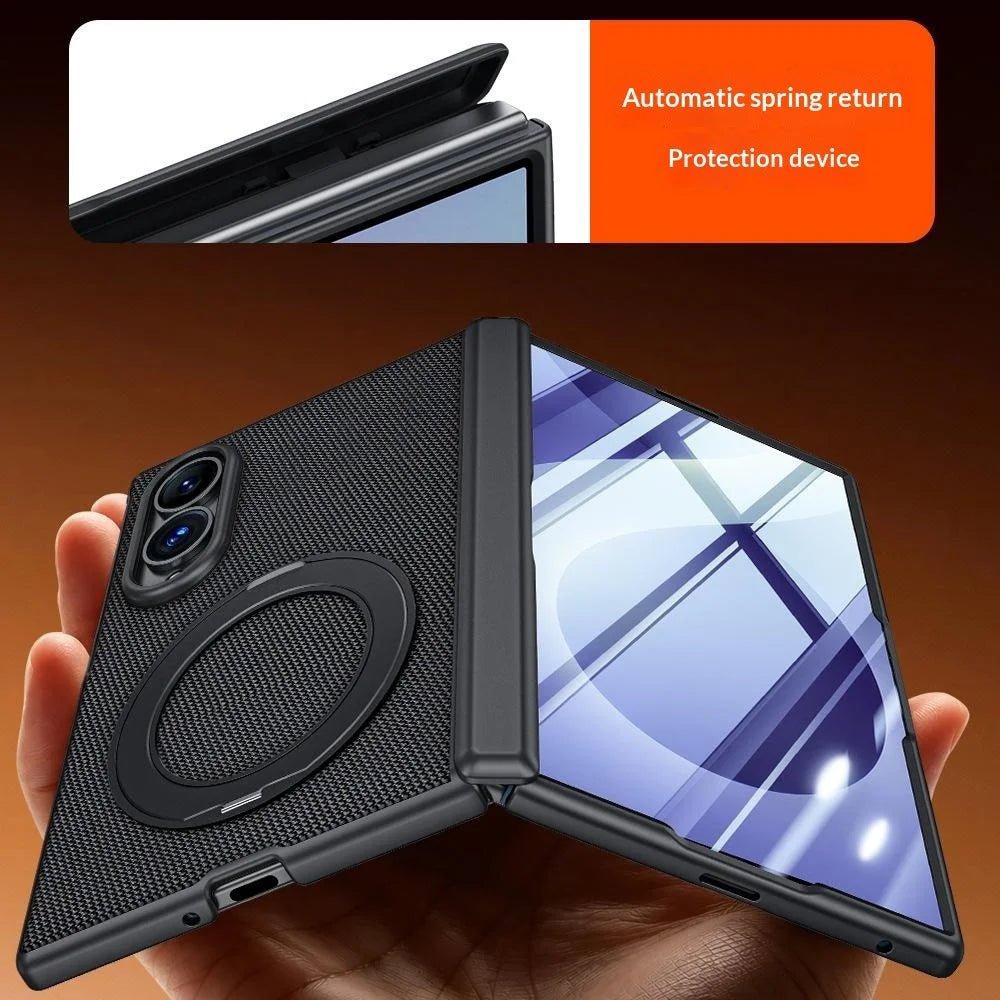 For Samsung Galaxy Z Fold8 Case with HD Screen Protector Magnetic Rotating Kickstand Tech Fabric + PC Phone Cover - Black - 5