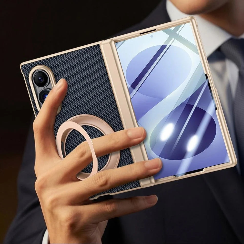 For Samsung Galaxy Z Fold8 Case with HD Screen Protector Magnetic Rotating Kickstand Tech Fabric + PC Phone Cover - Black - 7