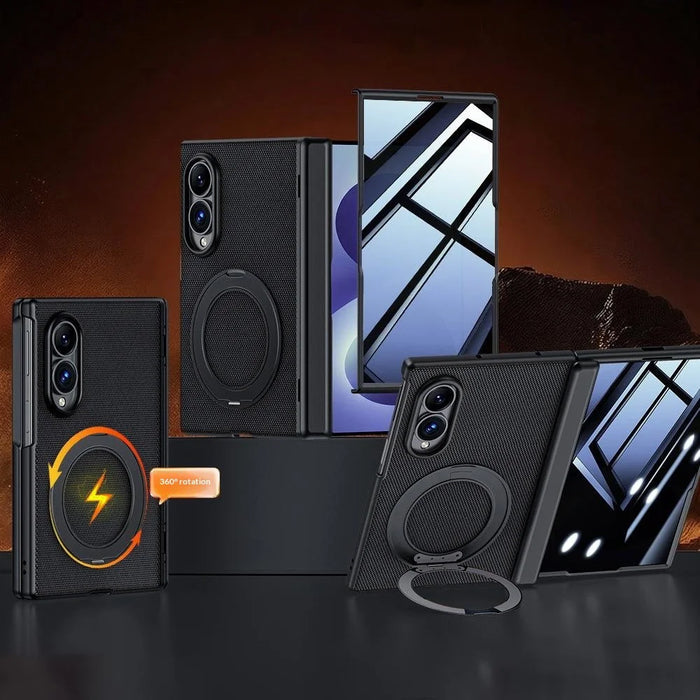 For Samsung Galaxy Z Fold8 Case with Anti-Spy Screen Protector Magnetic Rotating Kickstand Tech Fabric + PC Phone Cover - Black - 1