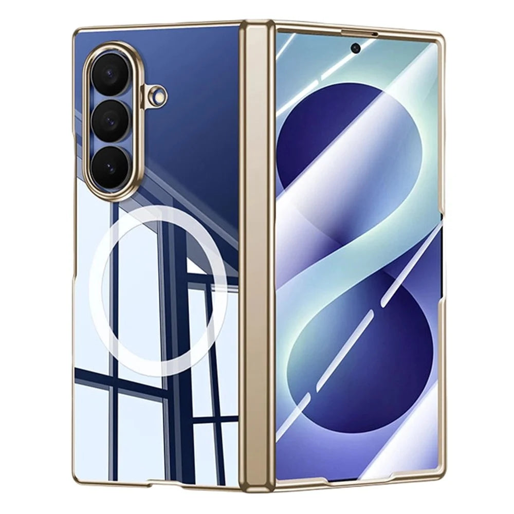 For Samsung Galaxy Z Fold8 Ultra Magnetic Case with HD Clear Tempered Glass Film , Hinge Protection Electroplated PC Phone Cover - Gold - 1