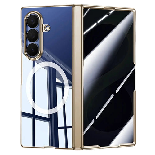 For Samsung Galaxy Z Fold8 Ultra Magnetic Case with Anti-Spy Tempered Glass Film , Hinge Protection Electroplated PC Phone Cover - Gold - 1