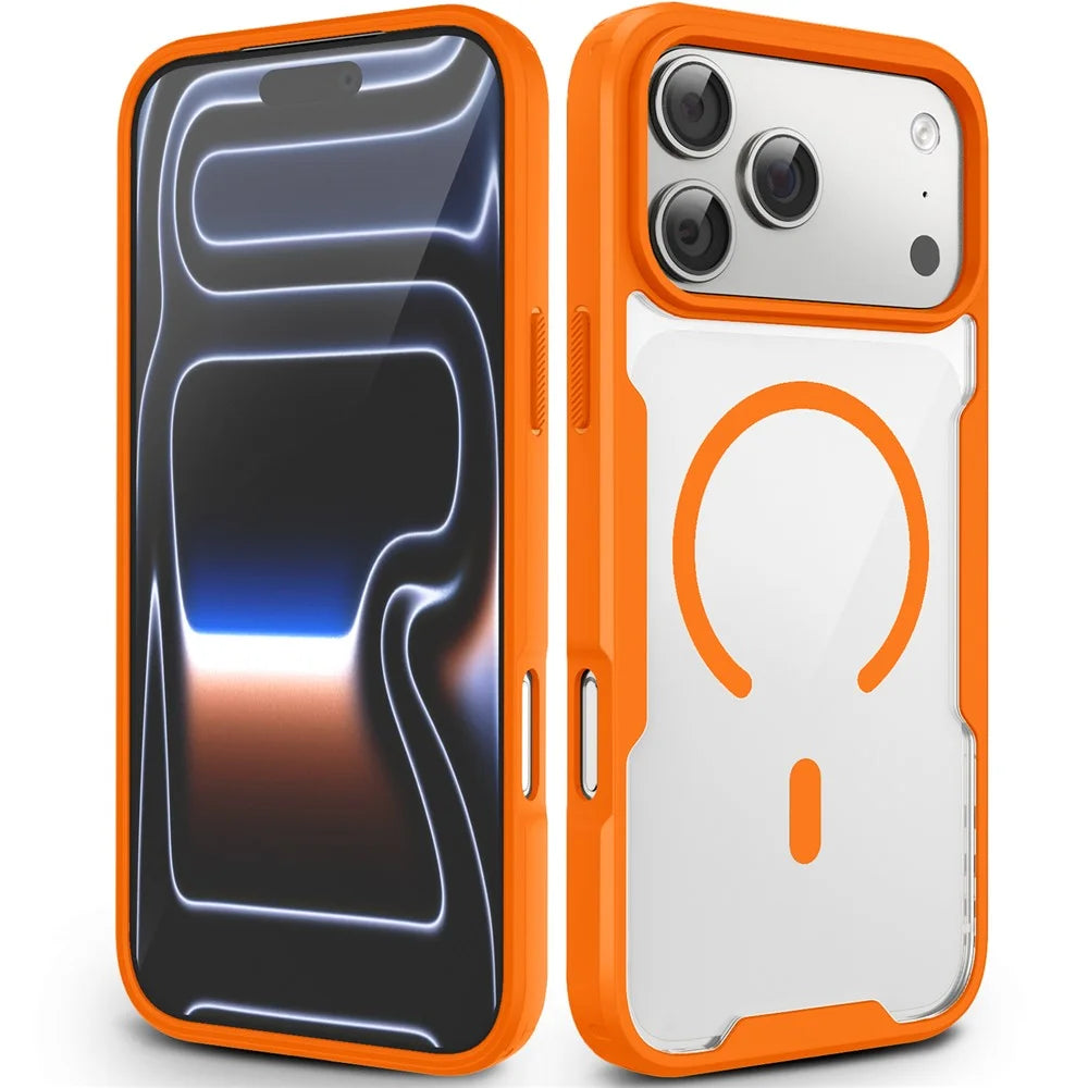 For iPhone 17 Pro Max  /  18 Pro Max Magnetic Case TPU Frame Clear PC Back Anti-drop Phone Cover - Orange - 1