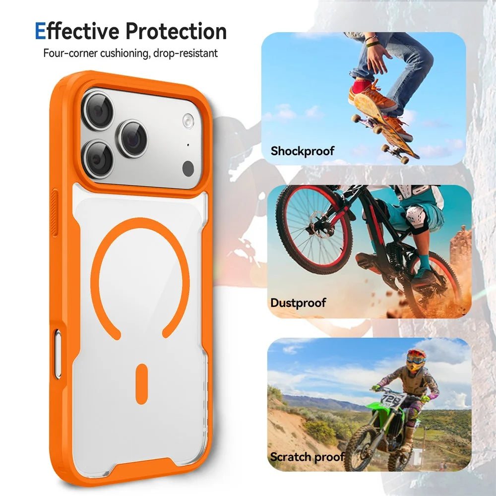For iPhone 17 Pro Max  /  18 Pro Max Magnetic Case TPU Frame Clear PC Back Anti-drop Phone Cover - Orange - 4