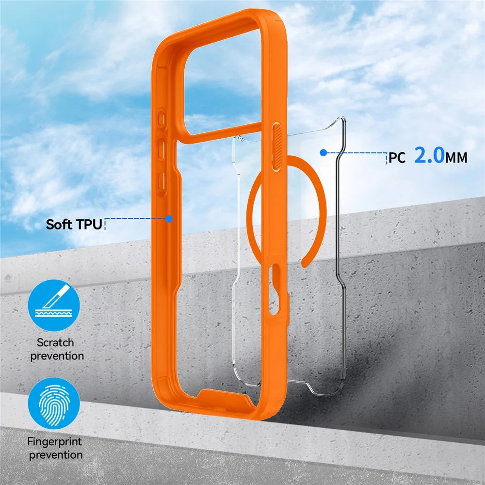 For iPhone 17 Pro  /  18 Pro Magnetic Case TPU Frame Clear PC Back Anti-drop Phone Cover - Orange - 5