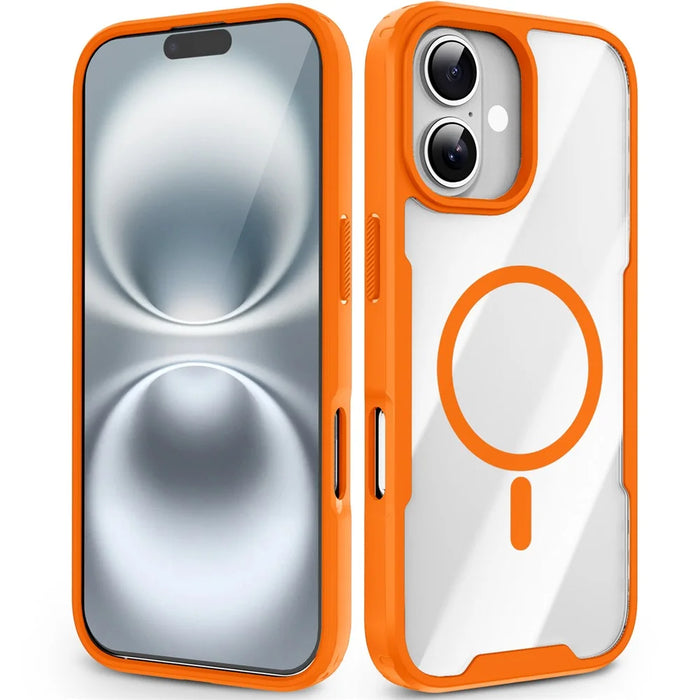 For iPhone 16 Magnetic Case TPU Frame Clear PC Back Anti-drop Phone Cover - Orange - 1