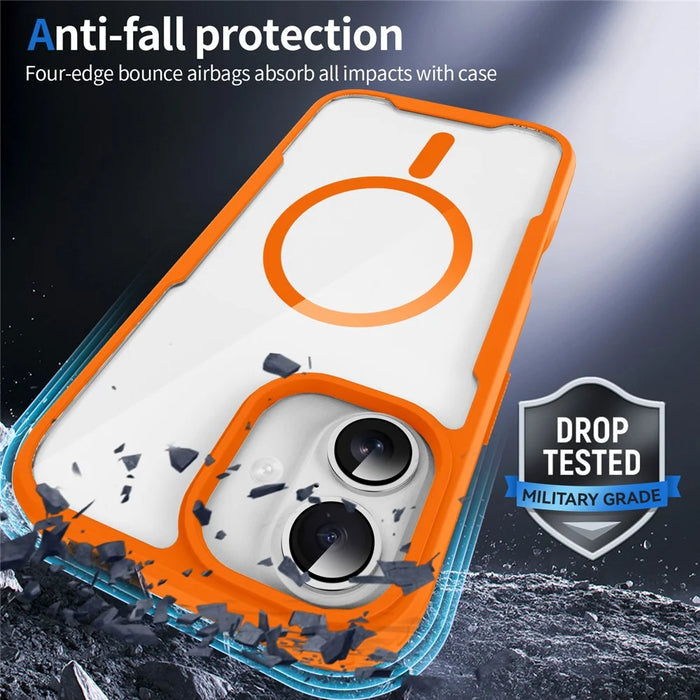 For iPhone 16 Magnetic Case TPU Frame Clear PC Back Anti-drop Phone Cover - Orange - 6