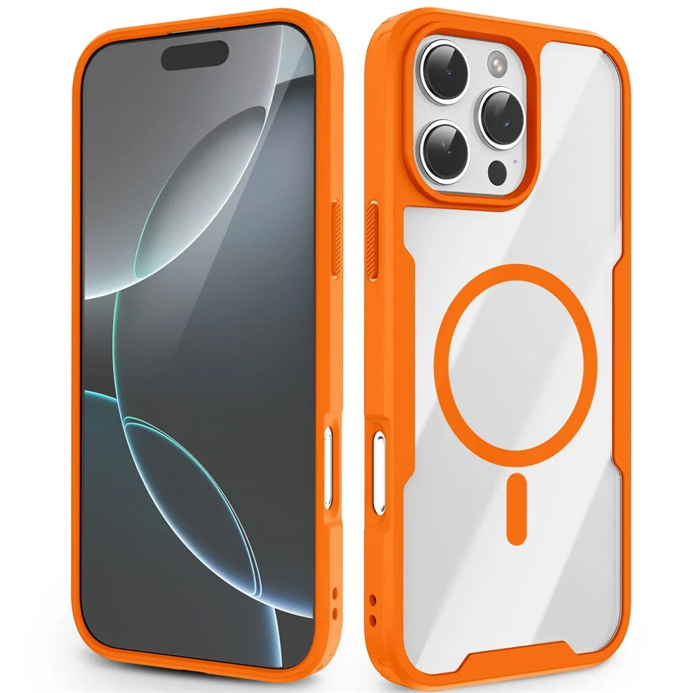 For iPhone 16 Pro Max Magnetic Case TPU Frame Clear PC Back Anti-drop Phone Cover - Orange - 1