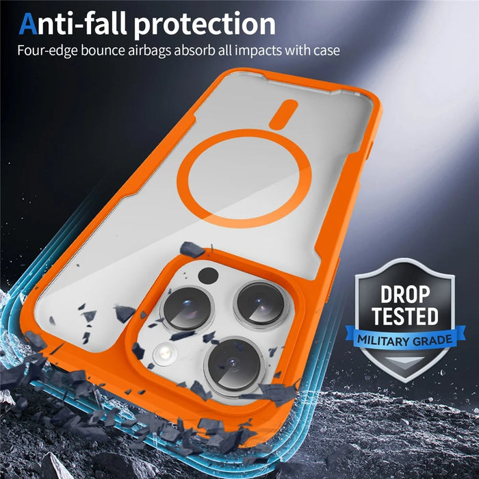 For iPhone 16 Pro Max Magnetic Case TPU Frame Clear PC Back Anti-drop Phone Cover - Orange - 3