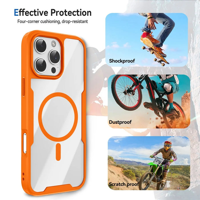For iPhone 16 Pro Max Magnetic Case TPU Frame Clear PC Back Anti-drop Phone Cover - Orange - 6