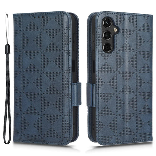 Imprinted Triangle Pattern Phone Cover For Samsung Galaxy A14 5G / A14 4G PU Leather Wallet Stand Shockproof Smartphone Case with Hand Strap - Blue - 1