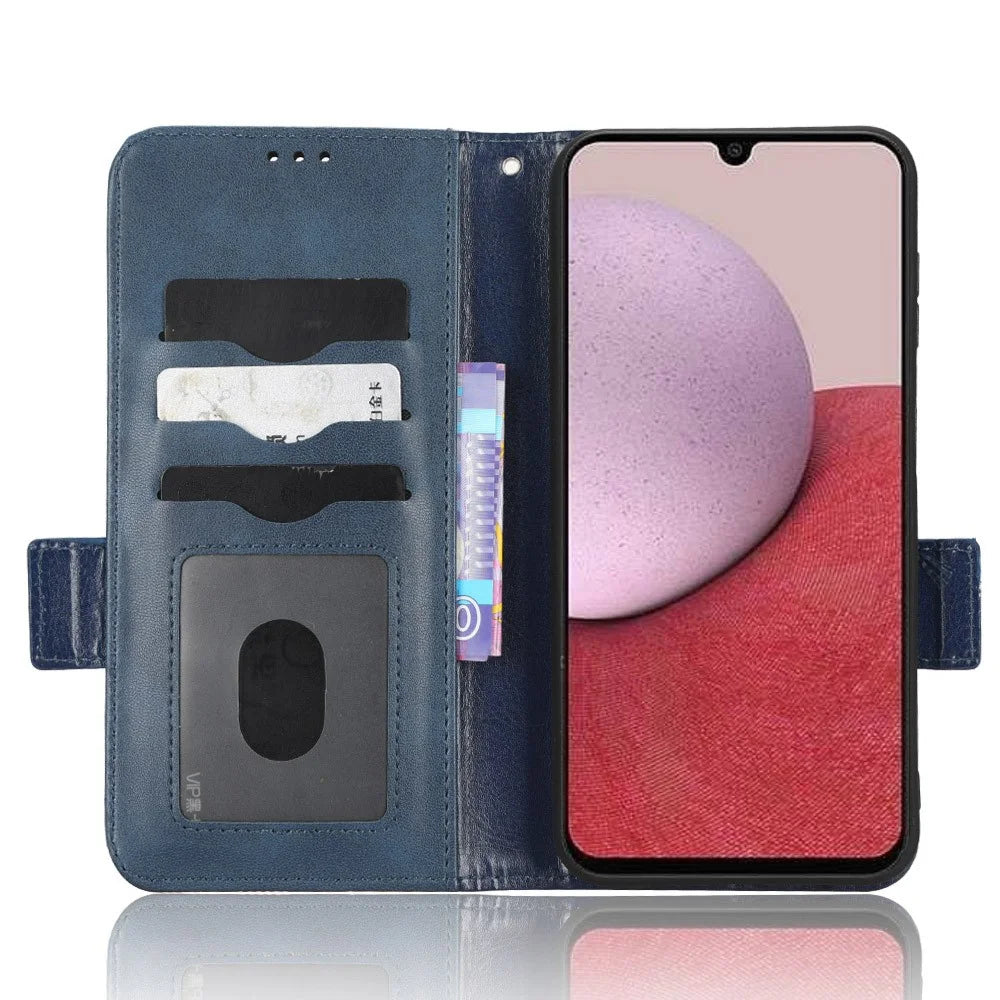 Imprinted Triangle Pattern Phone Cover For Samsung Galaxy A14 5G / A14 4G PU Leather Wallet Stand Shockproof Smartphone Case with Hand Strap - Blue - 2