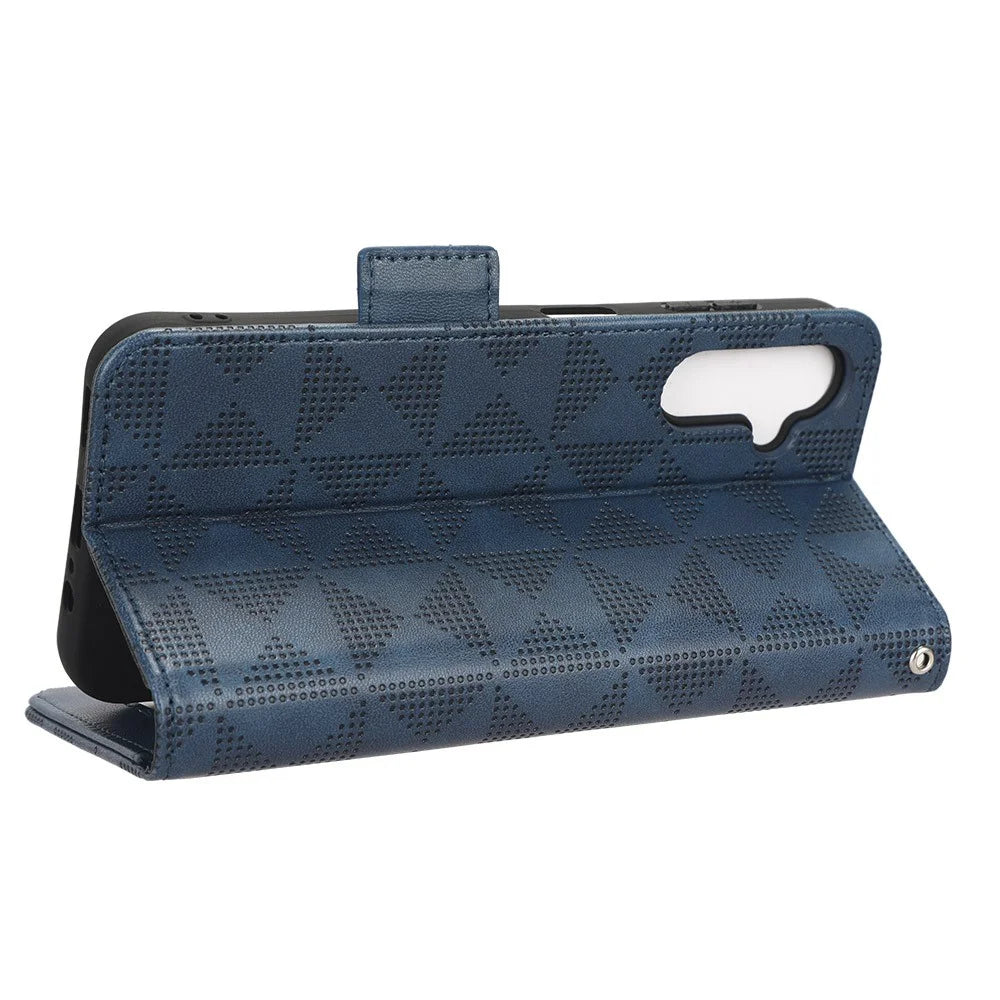 Imprinted Triangle Pattern Phone Cover For Samsung Galaxy A14 5G / A14 4G PU Leather Wallet Stand Shockproof Smartphone Case with Hand Strap - Blue - 3
