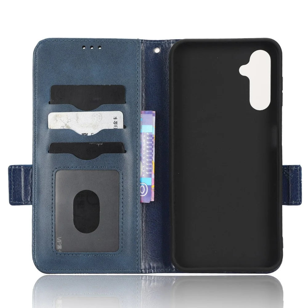 Imprinted Triangle Pattern Phone Cover For Samsung Galaxy A14 5G / A14 4G PU Leather Wallet Stand Shockproof Smartphone Case with Hand Strap - Blue - 5