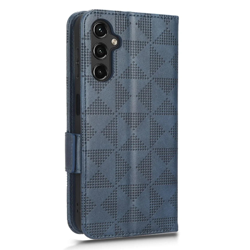 Imprinted Triangle Pattern Phone Cover For Samsung Galaxy A14 5G / A14 4G PU Leather Wallet Stand Shockproof Smartphone Case with Hand Strap - Blue - 6