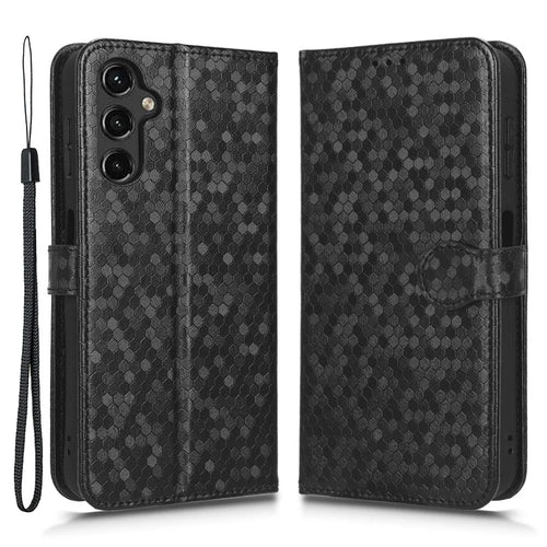 For Samsung Galaxy A14 5G / A14 4G Full Protection Dot Pattern Imprinted Phone Cover PU Leather Phone Wallet Case Stand with Strap - Black - 1