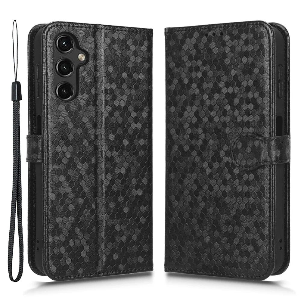 For Samsung Galaxy A14 5G / A14 4G Full Protection Dot Pattern Imprinted Phone Cover PU Leather Phone Wallet Case Stand with Strap - Black - 1