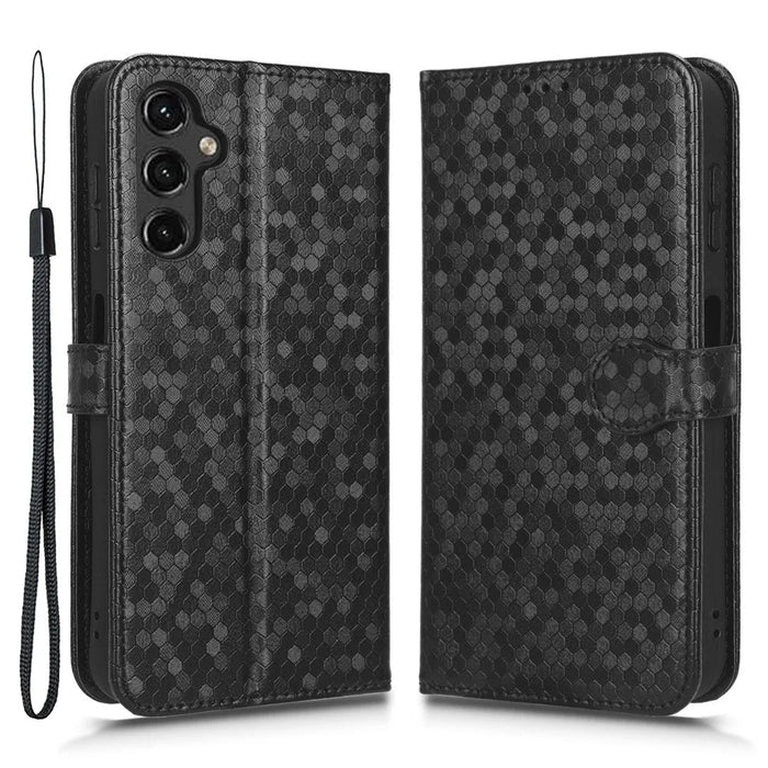 For Samsung Galaxy A14 5G / A14 4G Full Protection Dot Pattern Imprinted Phone Cover PU Leather Phone Wallet Case Stand with Strap - Black - 1