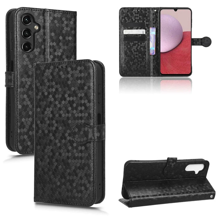 For Samsung Galaxy A14 5G / A14 4G Full Protection Dot Pattern Imprinted Phone Cover PU Leather Phone Wallet Case Stand with Strap - Black - 7