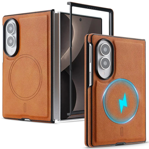 For Samsung Galaxy Z Fold8 Magnetic Case Cowhide Texture PU Leather Coated PC Phone Cover - Brown - 1