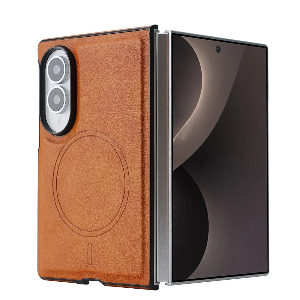 For Samsung Galaxy Z Fold8 Magnetic Case Cowhide Texture PU Leather Coated PC Phone Cover - Brown - 2