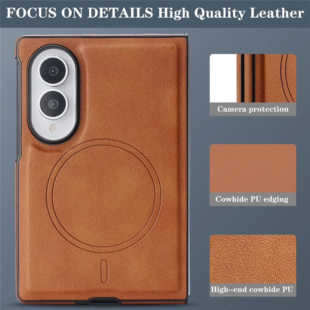 For Samsung Galaxy Z Fold8 Magnetic Case Cowhide Texture PU Leather Coated PC Phone Cover - Brown - 3