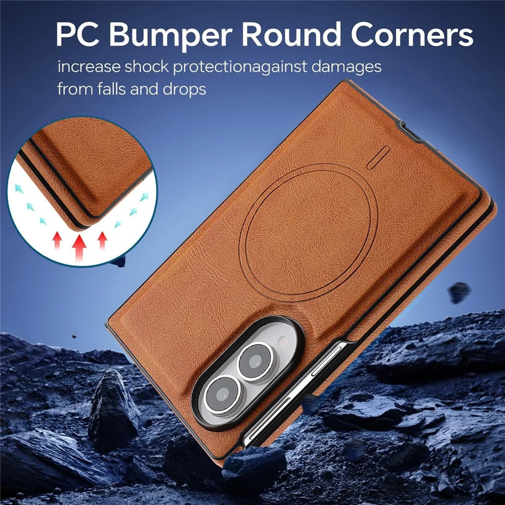 For Samsung Galaxy Z Fold8 Magnetic Case Cowhide Texture PU Leather Coated PC Phone Cover - Brown - 4