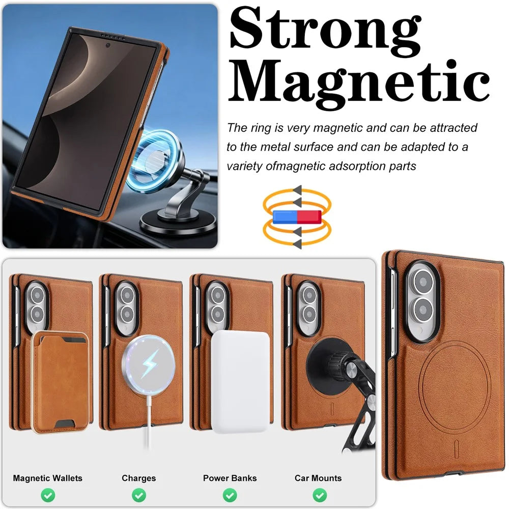 For Samsung Galaxy Z Fold8 Magnetic Case Cowhide Texture PU Leather Coated PC Phone Cover - Brown - 6