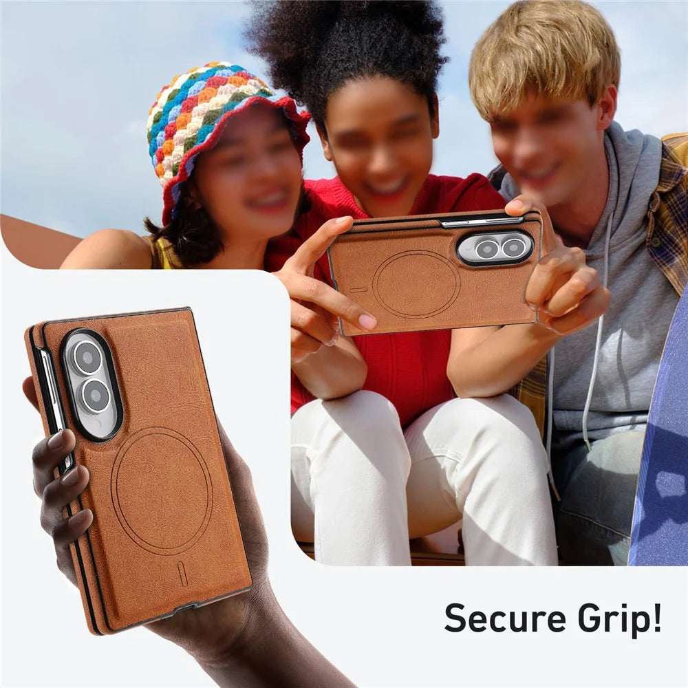 For Samsung Galaxy Z Fold8 Magnetic Case Cowhide Texture PU Leather Coated PC Phone Cover - Brown - 7