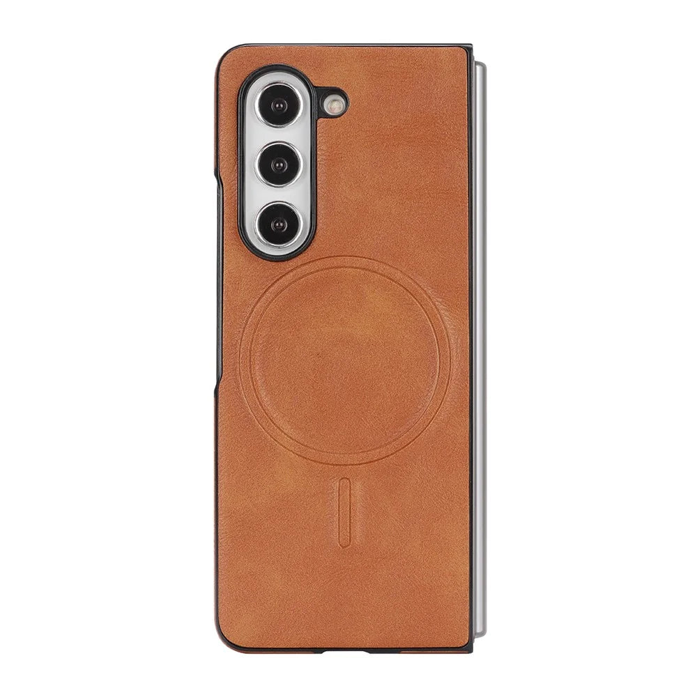 For Samsung Galaxy Z Fold8 Ultra Magnetic Case Cowhide Texture PU Leather Coated PC Phone Cover - Brown - 1