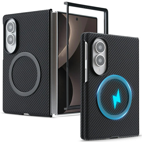For Samsung Galaxy Z Fold8 Case Side-pasted Carbon Fiber Texture PU TPU Phone Cover with Metal Magnetic Ring - Black - 1