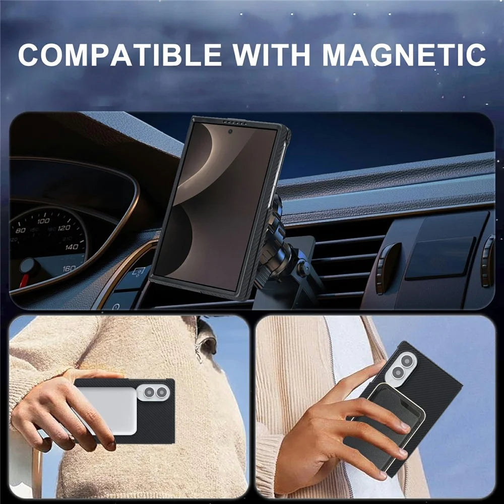 For Samsung Galaxy Z Fold8 Case Side-pasted Carbon Fiber Texture PU TPU Phone Cover with Metal Magnetic Ring - Black - 7