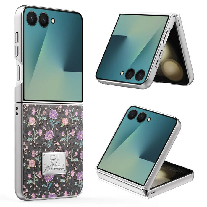 For Samsung Galaxy Z Flip8 Case Electroplating Floral Pattern PU Leather + Hard PC Phone Cover - Black - 1
