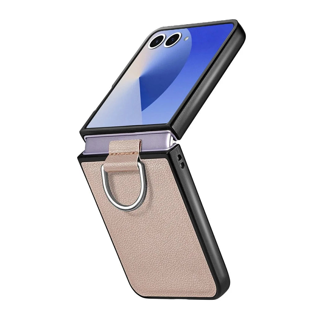 For Samsung Galaxy Z Flip8 Case Litchi Texture Leather + Pc Phone Cover with Ring Holder - Khaki - 4