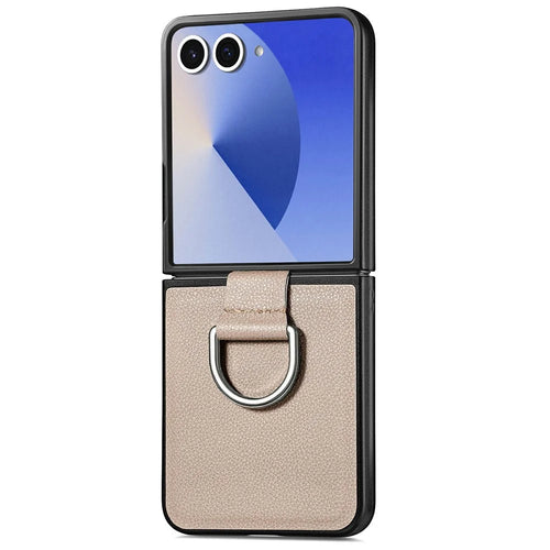 For Samsung Galaxy Z Flip7 5G Case Litchi Texture Leather + Pc Phone Cover with Ring Holder - Khaki - 1