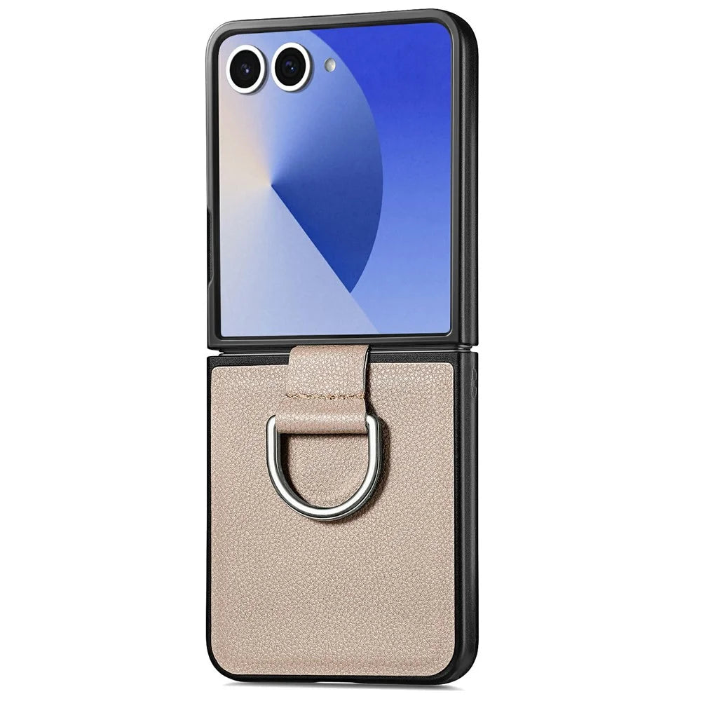 For Samsung Galaxy Z Flip7 5G Case Litchi Texture Leather + Pc Phone Cover with Ring Holder - Khaki - 1