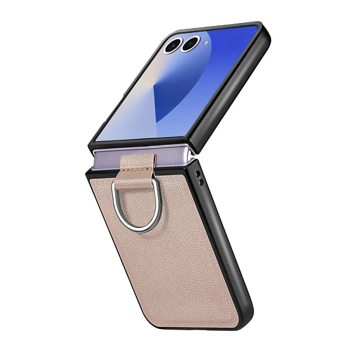 For Samsung Galaxy Z Flip7 5G Case Litchi Texture Leather + Pc Phone Cover with Ring Holder - Khaki - 4
