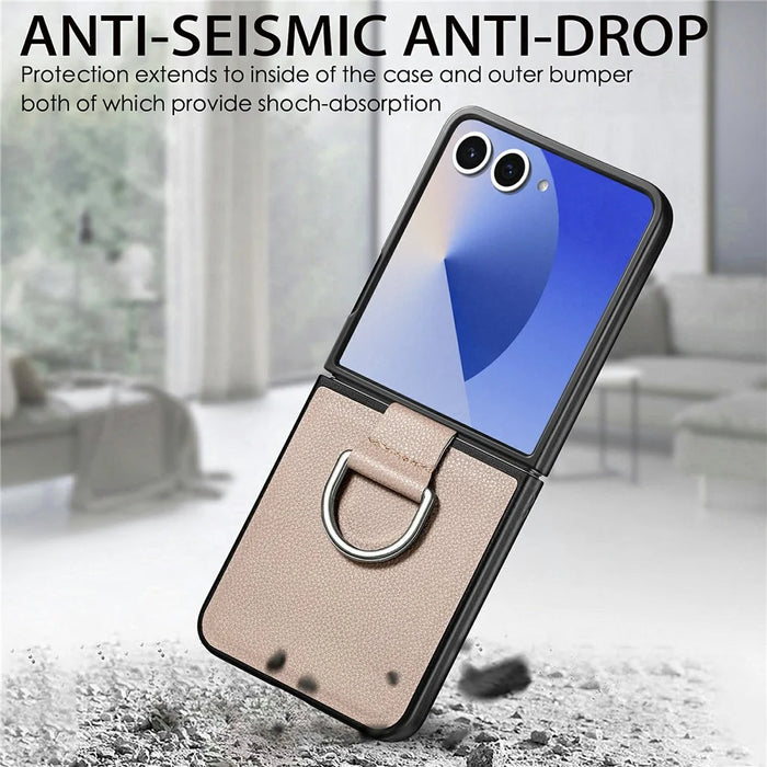 For Samsung Galaxy Z Flip7 5G Case Litchi Texture Leather + Pc Phone Cover with Ring Holder - Khaki - 6