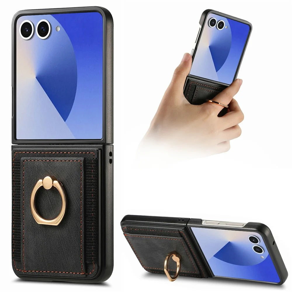 For Samsung Galaxy Z Flip8 Case Card Holder Retro Leather + PC Phone Cover with Ring Kickstand - Black - 1