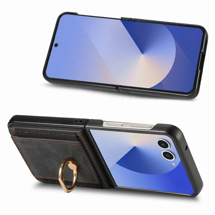 For Samsung Galaxy Z Flip8 Case Card Holder Retro Leather + PC Phone Cover with Ring Kickstand - Black - 4