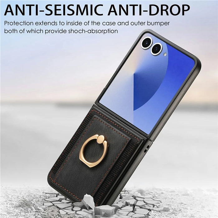 For Samsung Galaxy Z Flip8 Case Card Holder Retro Leather + PC Phone Cover with Ring Kickstand - Black - 5